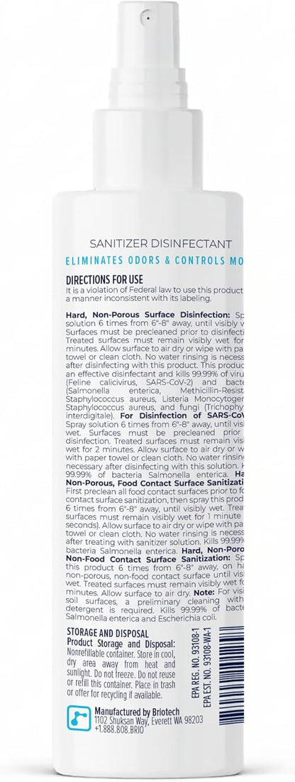 BRIOTECH Sanitizer Disinfectant Hypochlorous Spray, Kill 99.99% of Viruses & Bacteria, Control Mold, Eliminate Odor, Gentle for Nursery & Play Rooms, Food Contact Surface Sanitizer, 32 fl oz