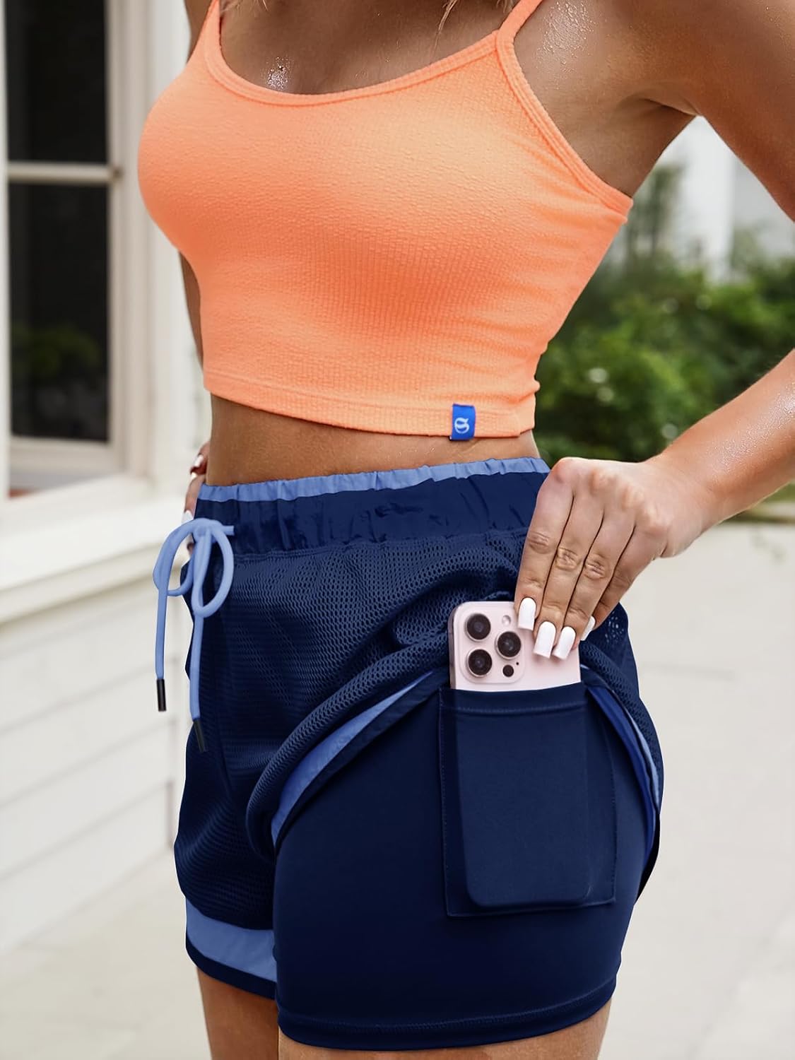 Fisoew Women Athletic Shorts 2 in 1 Running High Split Color Block Workout Yoga Mesh Shorts Pocket Drawstring