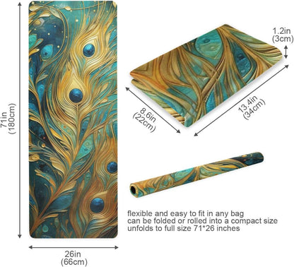 Green and Gold Peacock Feathers mat yoga for exercise printed, natural rubber non slip, yoga mat storage tapete para ejercicio 71x26 inches