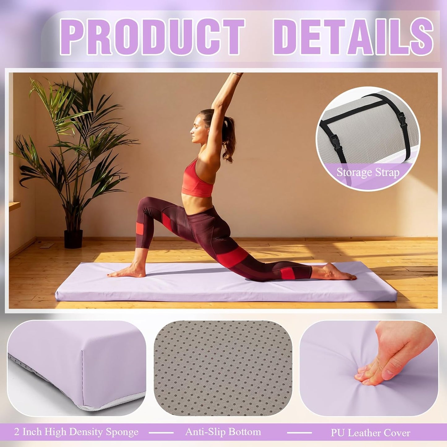 Lyrow 2 Inch 72"x24" Thick Foldable Yoga Mat with Carry Strap, Non-slip Portable Foam Gym Mat for Yoga, Pilates and Stretching