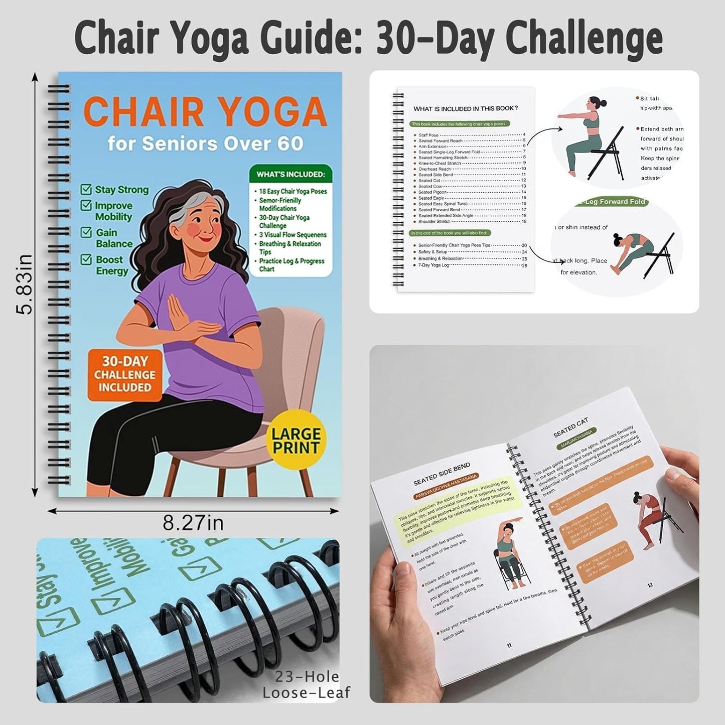Chair Yoga for Seniors Over 60, 30-Day Challenge Gentle Seated Yoga Exercises Guidebook, Step-by-Step Fitness Planners Instructions Books for Seniors Beginners – 8.2″ x 5.5″ Pink Yoga Book