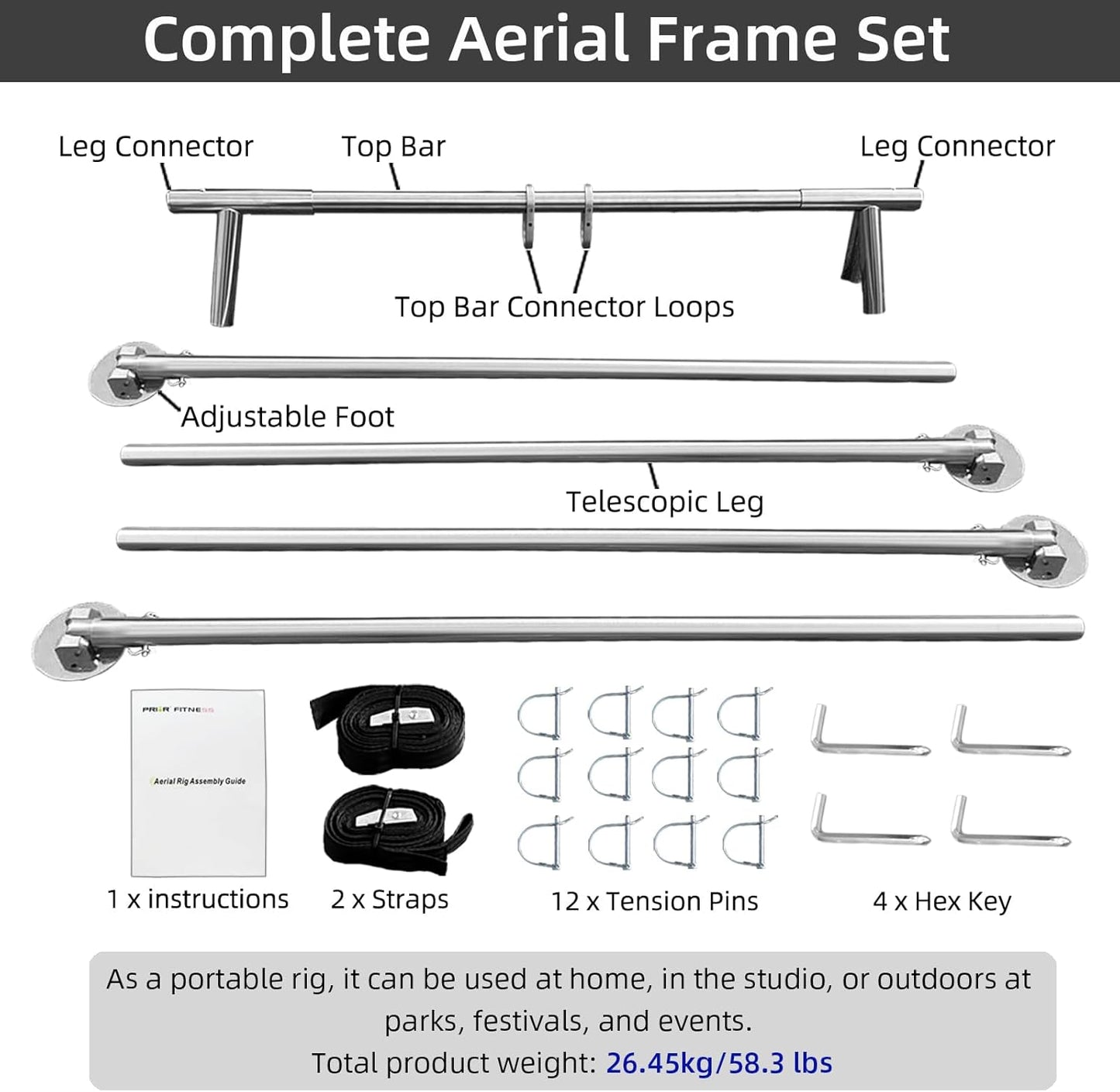 PRIOR FITNESS Aerial A-Frame Rig - 730kg/1610 lbs Capacity Yoga Stand for Hammocks/Silks/Hoops, Portable Adjustable 5-11ft (10 Heights), CE & SGS Certified, Easy Install
