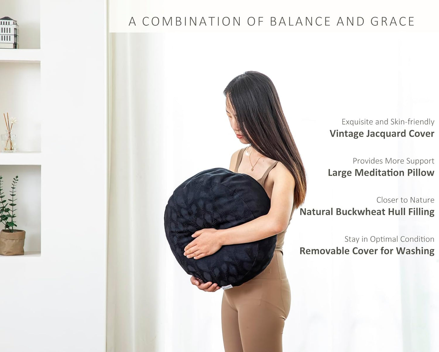 Meditation Cushion, Comfortable Meditation Pillow with Peacock Feather Jacquard Cover. Buckwheat Hull Filled Zafu Floor Pillow 16 * 16 * 5 in