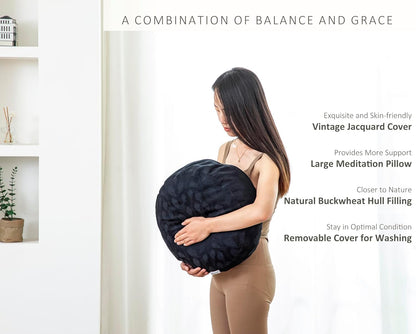 Meditation Cushion, Comfortable Meditation Pillow with Peacock Feather Jacquard Cover. Buckwheat Hull Filled Zafu Floor Pillow 16 * 16 * 5 in