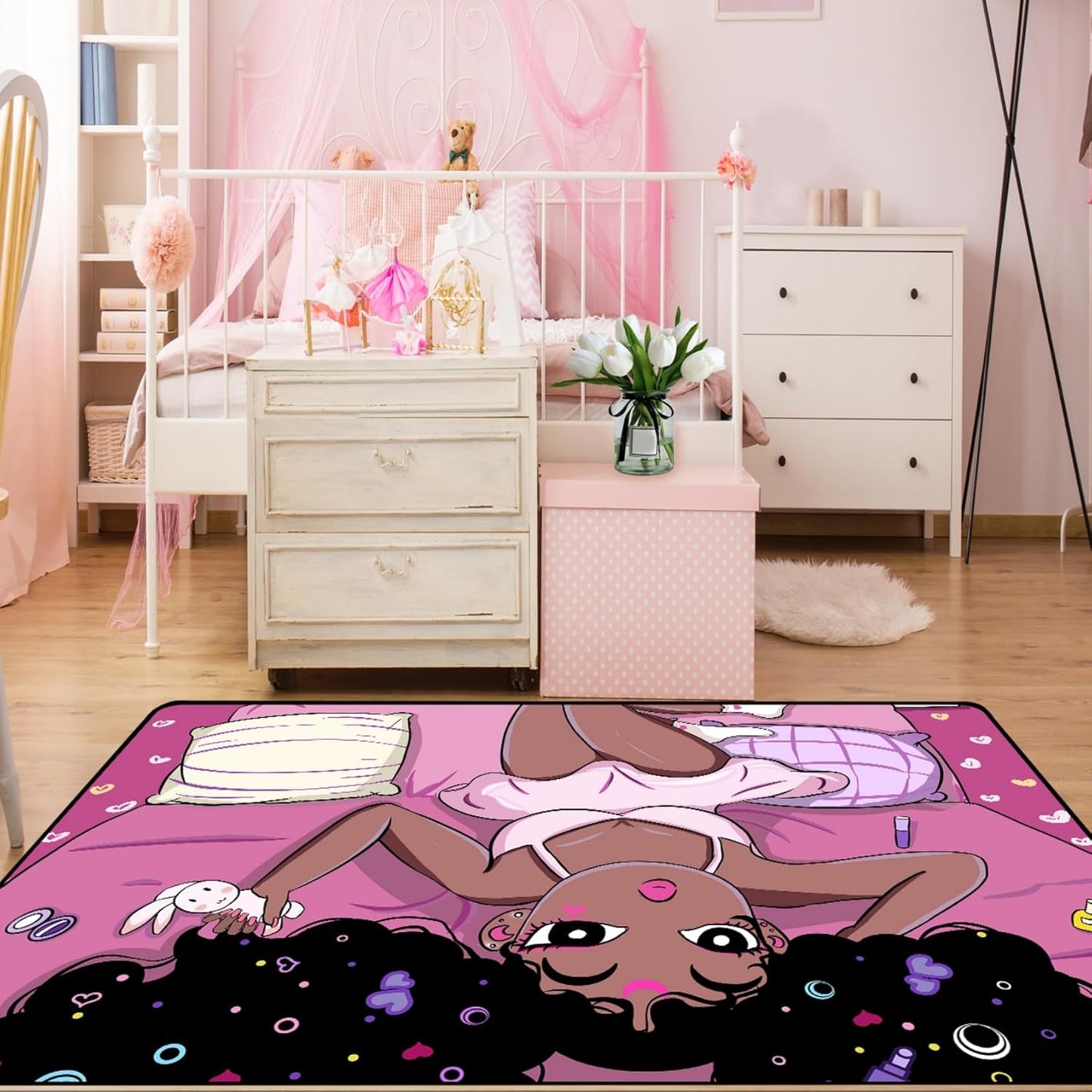 Black Girl Area Rug for Bedroom African American Rugs for Room Princess Carpet Kids Rugs for Bedroom African Girls Carpet for Living Room Teen Girls Yoga Mats, Pink, 4'×5'
