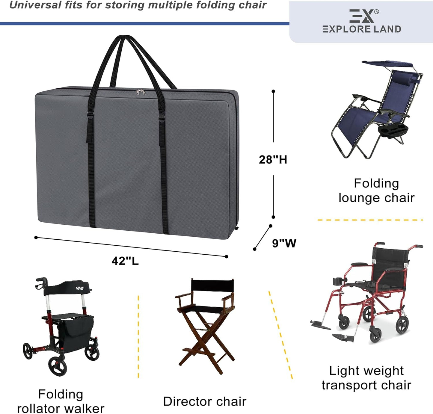 Explore Land Heavy Duty Chair Storage Bag for Folding Longue Zero Gravity Light Weight Transport Folding Rollator Walker (Black)