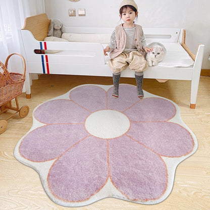 White Flower Shaped Rug, Cute Round Indoor Rug, 39.4" Diameter, High Pile Faux Wool, Non-Slip Backing