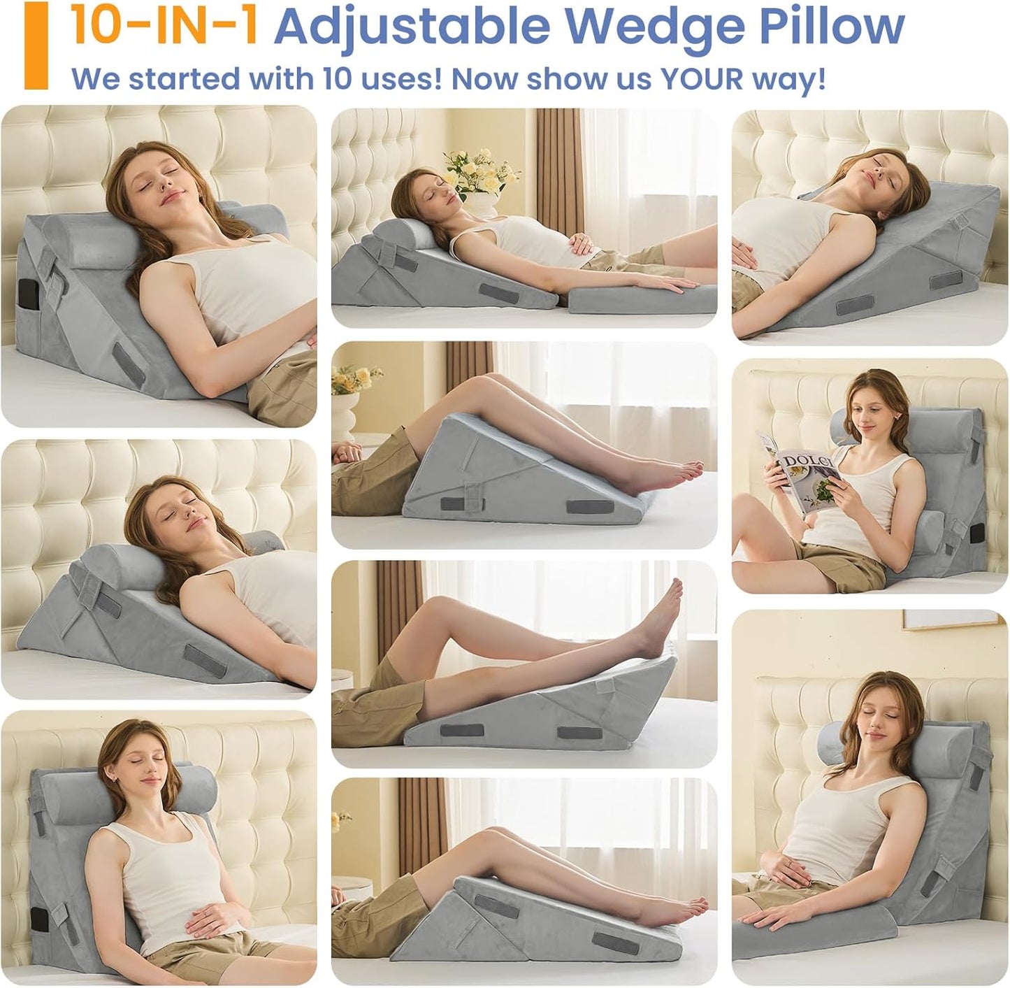 Sasttie Wedge Pillow Set for After Surgery, 2PCS Adjustable Bed Wedge Pillow Headboard with Memory Foam Neck Cushion – for Acid Reflux, Sleeping, Neck & Back Support, Dark Grey