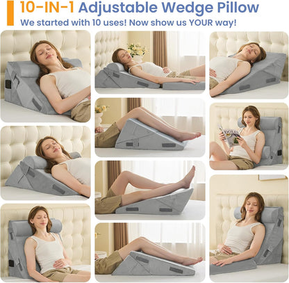 Sasttie Wedge Pillow Set for After Surgery, 2PCS Adjustable Bed Wedge Pillow Headboard with Memory Foam Neck Cushion – for Acid Reflux, Sleeping, Neck & Back Support, Dark Grey