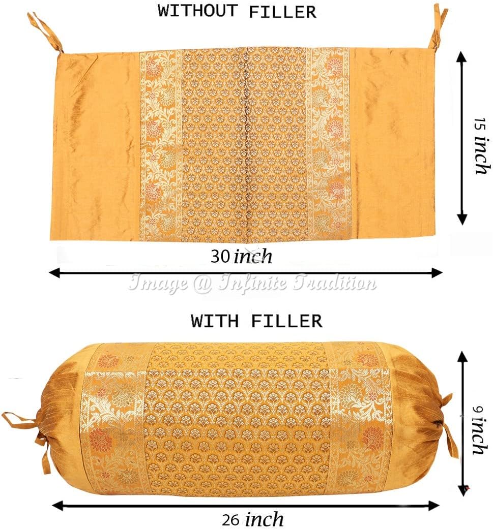 Indian Border Silk Bolster Tube Pillow Cover Cylindrical Mustard Yellow Yoga Large Couch Round Cushion Cover Home Decor Living Room Floral Throw Cushion Cover 30x15 inch (76x38cm) 1 Pc.