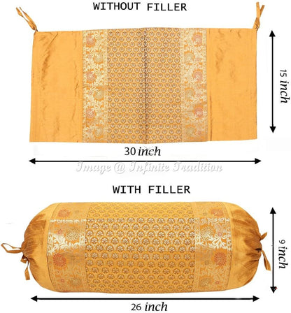 Indian Border Silk Bolster Tube Pillow Cover Cylindrical Mustard Yellow Yoga Large Couch Round Cushion Cover Home Decor Living Room Floral Throw Cushion Cover 30x15 inch (76x38cm) 1 Pc.