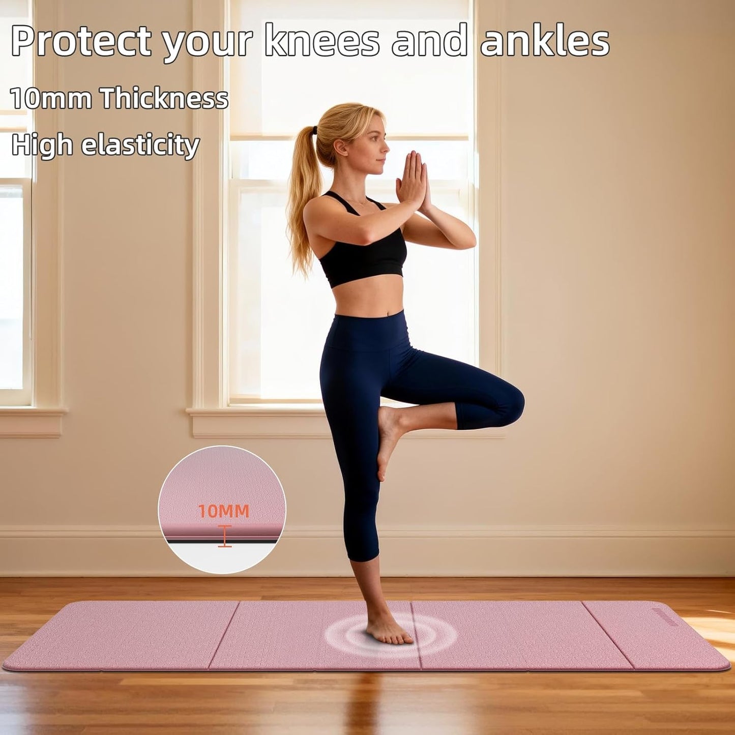 Foldable Yoga Mat Thick 10mm-WUWAN Extra Large Exercise Mat, TPE Material, Non-Slip Fitness Folding Mat Easy to Carry, Suitable for Home Workout Travel Pilates (75" x40",2/5") (Blue)