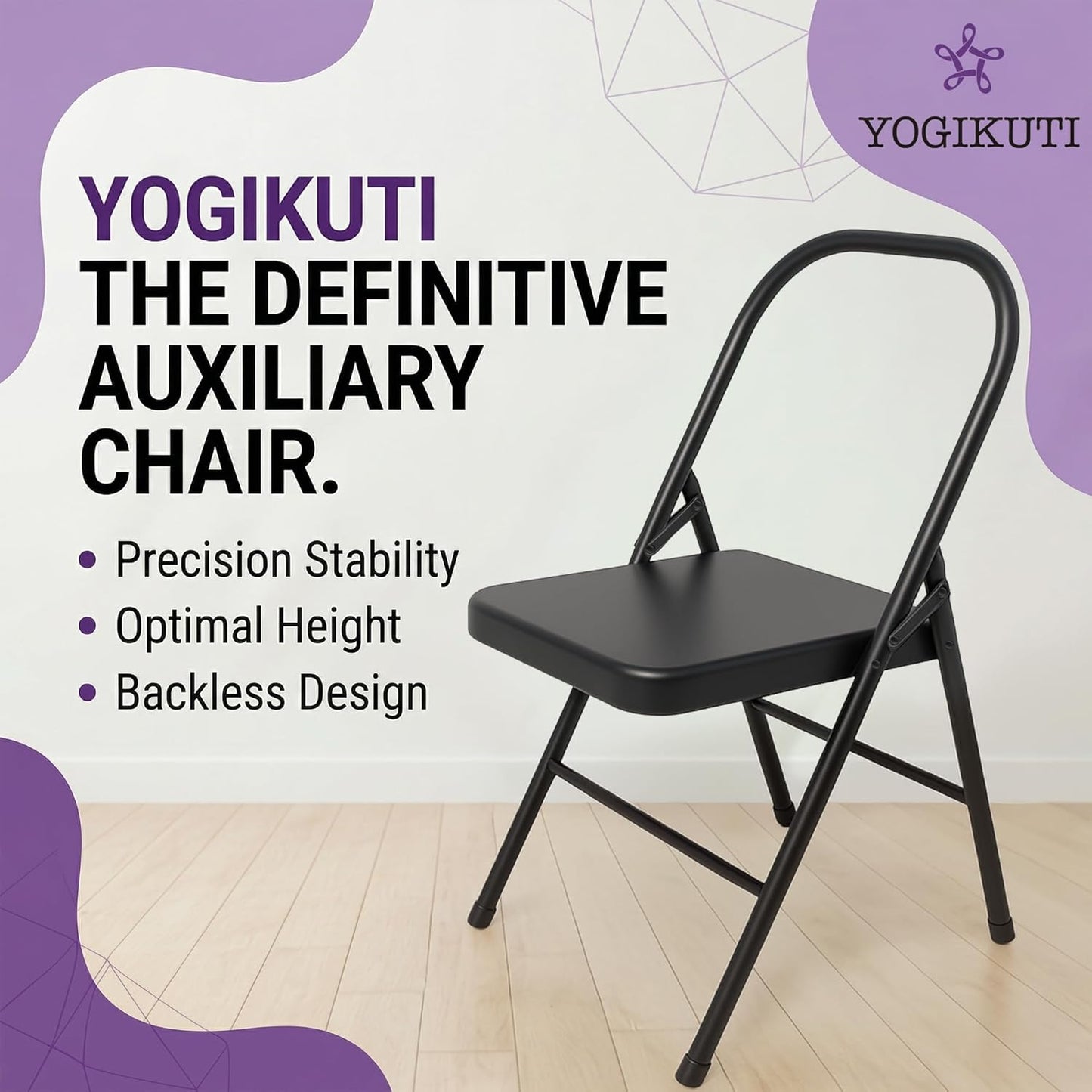 Yogikuti Standard Yoga Chair – Backless Folding Chair for Iyengar & Restorative Yoga Practice, Sturdy Metal Frame Chair for Support, Balance, Stretching, Meditation & Therapy Exercises (Black)