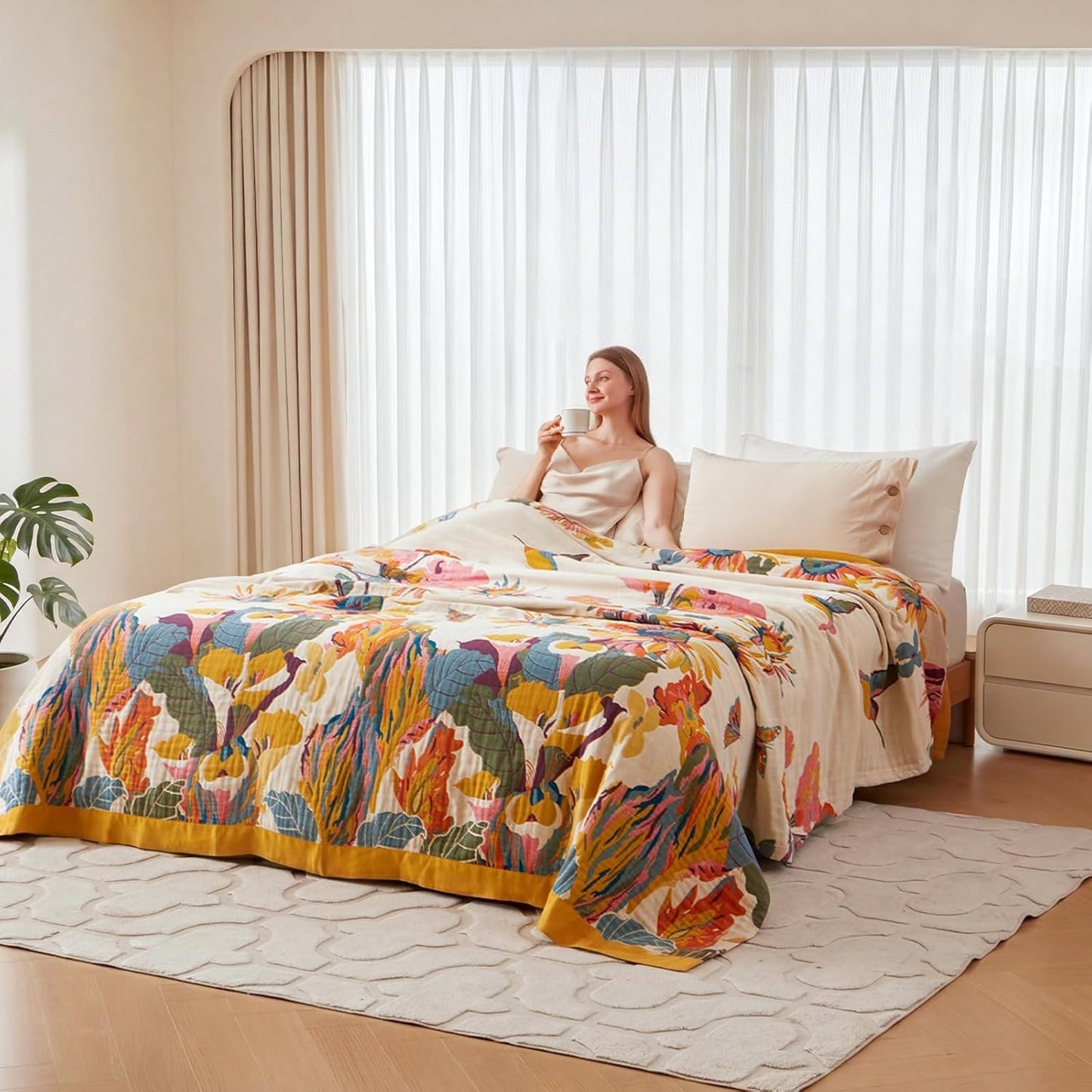 Boho Throw Blanket - 100% Cotton Soft Summer Throw Blanket for Bed, 50"x60" Reversible Breathable Lightweight Blankets, All Seasons Farmhouse Decor Floral Plant Butterfly Throw Quilt