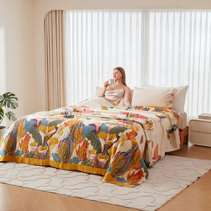 Boho Throw Blanket - 100% Cotton Soft Summer Throw Blanket for Bed, 50"x60" Reversible Breathable Lightweight Blankets, All Seasons Farmhouse Decor Floral Plant Butterfly Throw Quilt