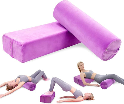 JZHLLA 2 PCS Yoga Bolster Pillow Set Washable Velvet Cover Meditation Bolster with High Density Foam and Carry Handle Rectangular and Cylinder Bolsters for Restorative Yoga