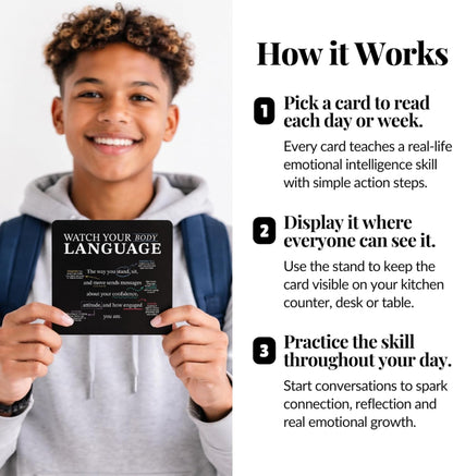 Emotional Intelligence Mindset Cards – 52 Daily Habits for Confidence, Connection & Social Skills – for Kids, Teens & Adults – Includes Wooden Display Stand – Gift for Teachers & Parents