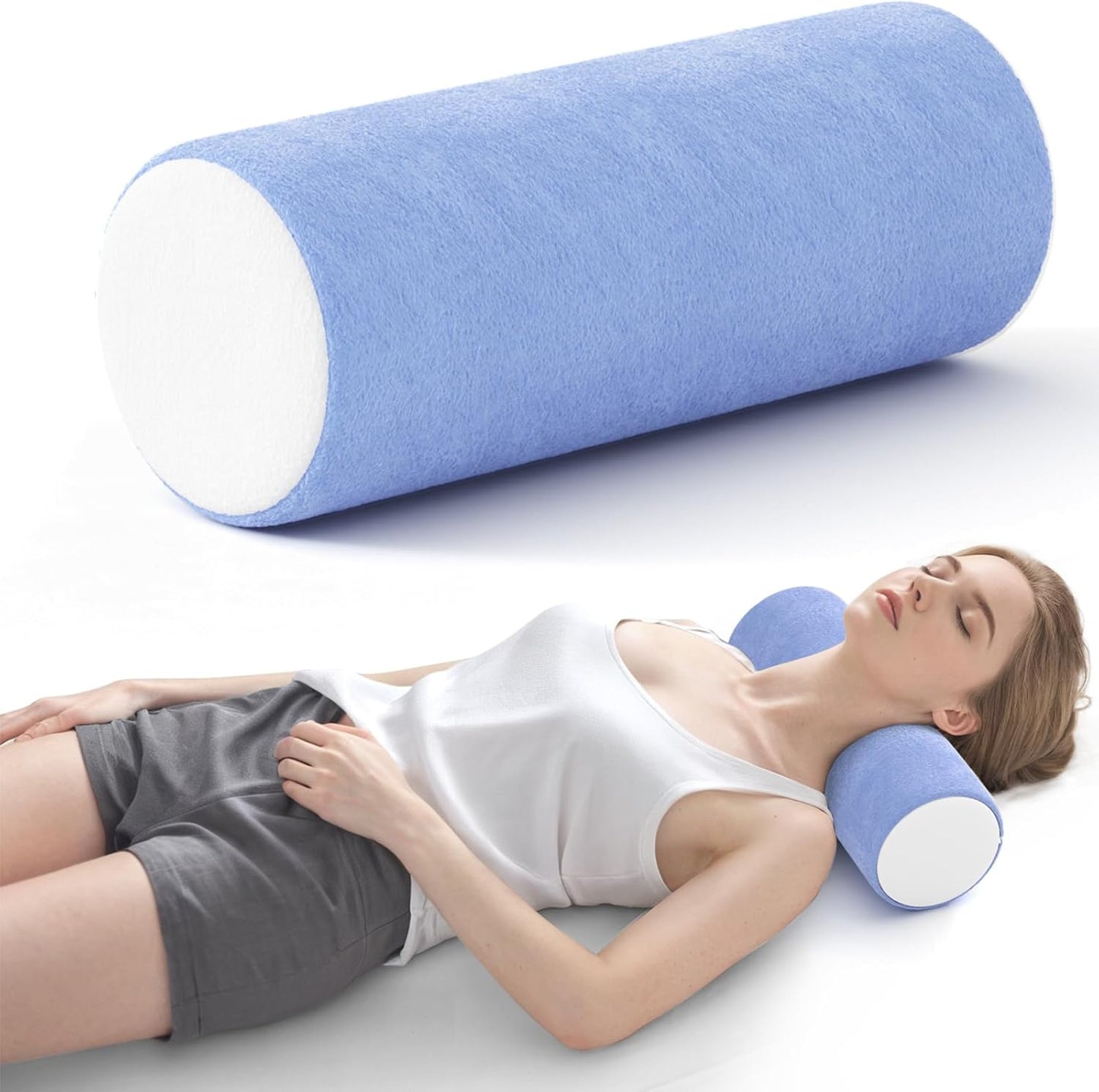 Neck Roll Pillow, Memory Foam Neck Support Pillows, Round Neck Pillows, Cylinder Bolster Pillows for Bed, Couch, and Yoga, Removable Washable Cover,18 * 4.1 * 4.1inch (Cool-Blue)