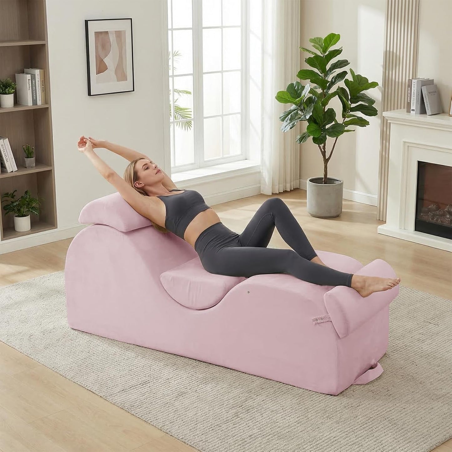 Mjkone Velvet Yoga Chair, Yoga Chaise Lounge Chair Indoor with Side Pockets, Headrest, Waist Cushion, Movable Footrest, Curved Sofa Chair for Relaxation Stretching for Bedroom, Black
