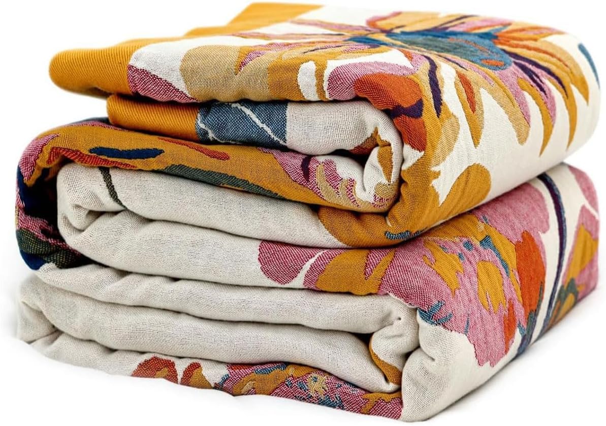 Boho Throw Blanket - 100% Cotton Soft Summer Throw Blanket for Bed, 50"x60" Reversible Breathable Lightweight Blankets, All Seasons Farmhouse Decor Floral Plant Butterfly Throw Quilt