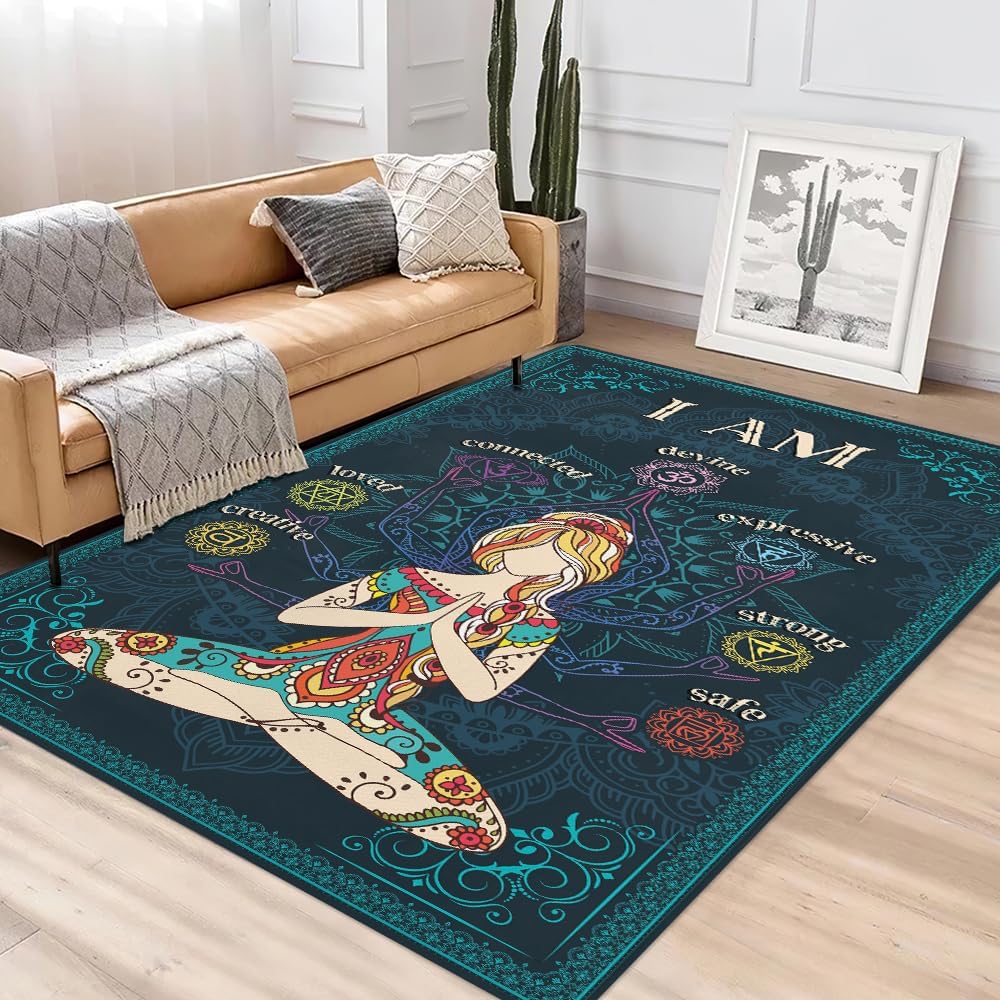 Chakra Area Rug, Meditation & Yoga Carpet for Living Room, Bedroom Mandalas Boho Style Non-Slip Machine Washable Rugs for Women Adults Yoga Lovers Bohemian Floor Mat Office Decor (YOGA-DS01)