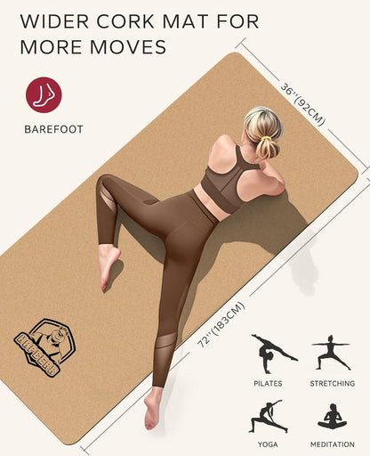 HAPBEAR Large Cork Yoga Mat - 72"x36" Wide Non-Slip for Home Workout, Yoga, Pilates & Stretching - 6mm Cushioned Support - Eco-Friendly & Durable - Bonus Resistance Bands & Carry Bag Included