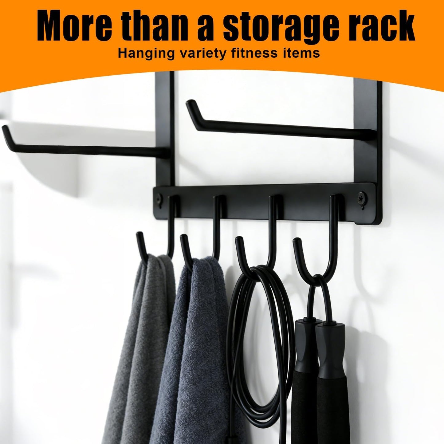 Black Wall Mount Yoga Mat Holder with Floating Shelf & 5 Hooks, Home Gym Storage Rack for Yoga Mats, Foam Rollers and Resistance Bands, Metal