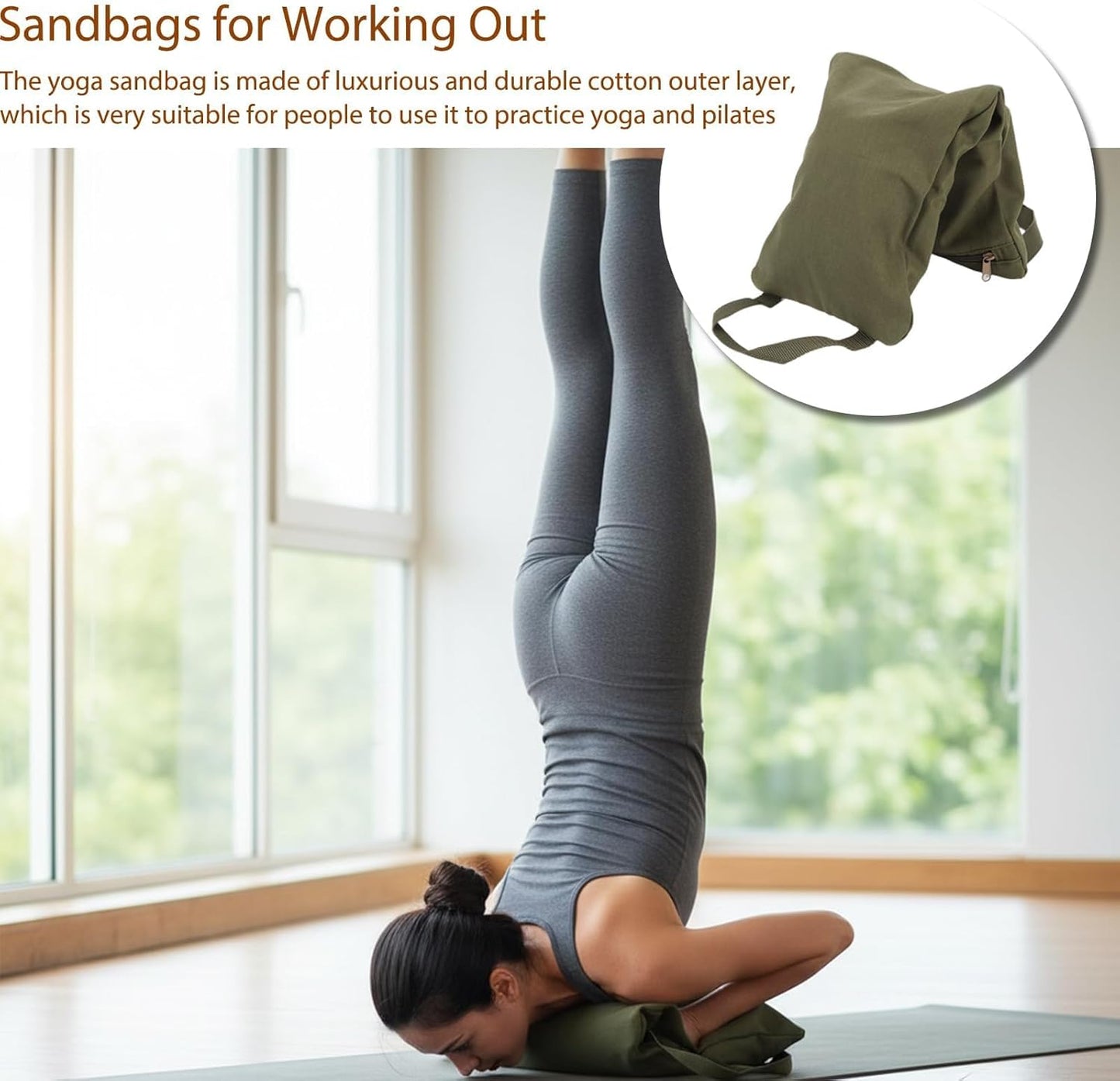 Sandbags for Working Out, Green Yoga Sand Bag for Weight Training with Double Handle, Adjustable Fillable Yoga Canvas Sandbags for Adding Weight and Support