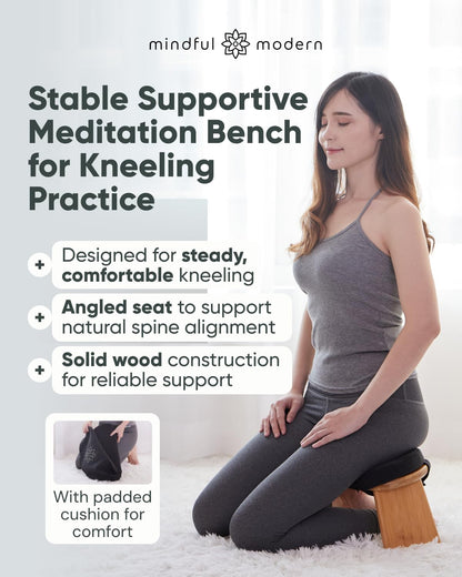 Mindful Modern Folding Meditation Bench - Bamboo Kneeling Stool with Locking Magnetic Hinges - Portable Cross Legged Folding Seiza Chair w/Travel Bag