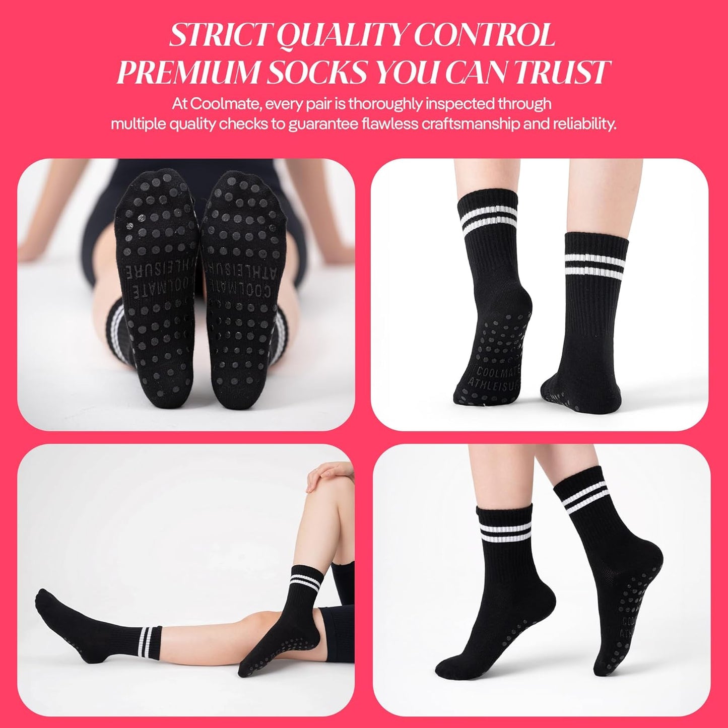 COOLMATE Pilates Socks with Grips for Women, Yoga Socks, Crew Non Slip Women for Barre, Pilates Gifts for Women - Colors B