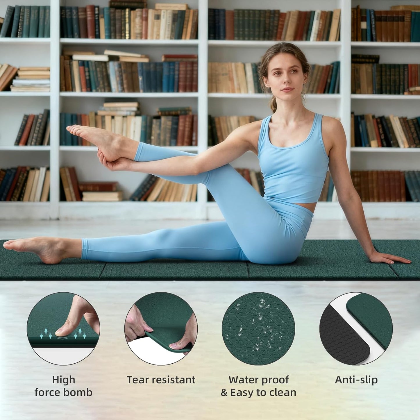 Foldable Yoga Mat Thick 10mm-WUWAN Extra Large Exercise Mat, TPE Material, Non-Slip Fitness Folding Mat Easy to Carry, Suitable for Home Workout Travel Pilates (75" x40",2/5") (Blue)