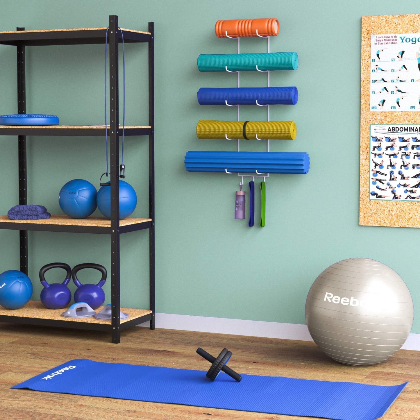 Wallniture Guru Yoga Mat Holder Wall Mount with 3 Hooks for Hanging Yoga Strap, Resistance Bands, 5-Sectional Metal