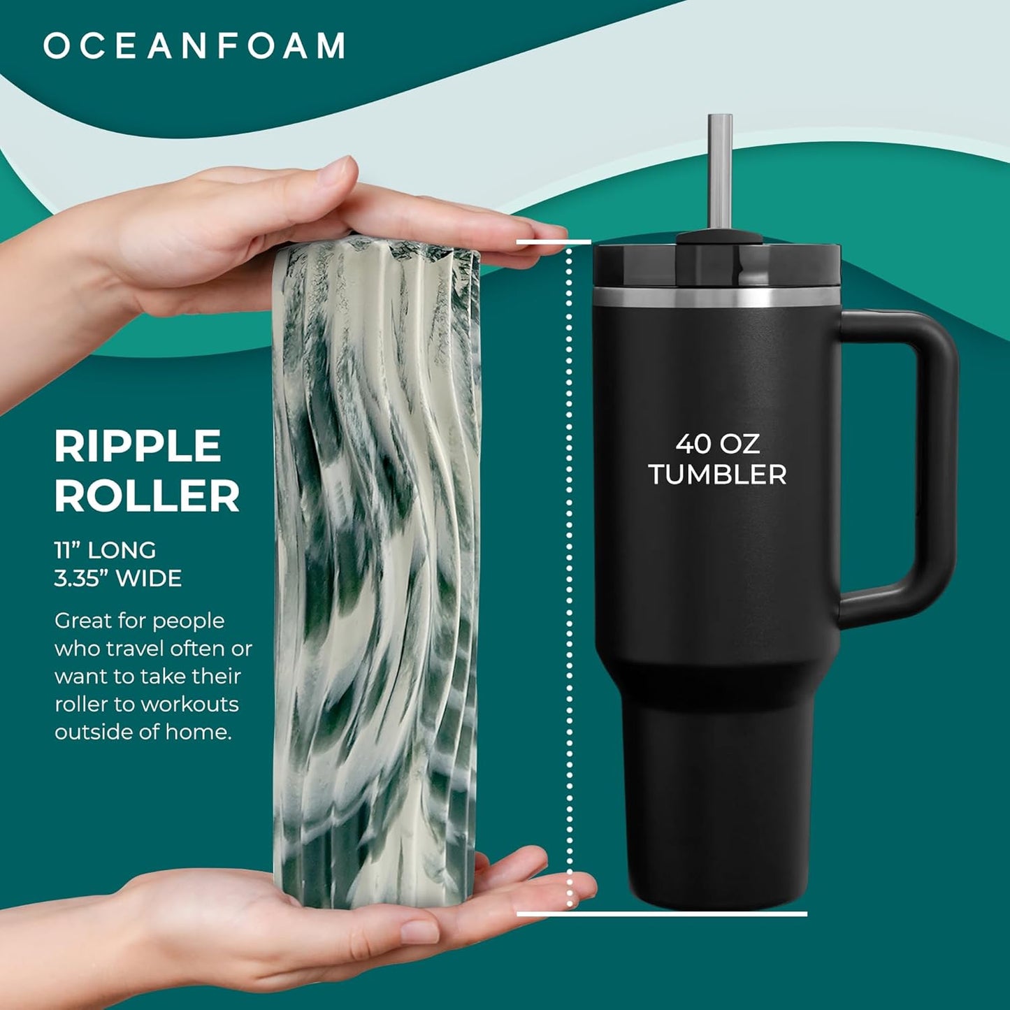 Oceanfoam Ripple Travel Foam Roller (11" x 3.35") Firm Mini Foam Roller for Physical Therapy, Deep Tissue Massage, Back Pain - High Density, Ergonomic Wave Textured - Yoga, Pilates, Exercise (Natural) - Colors A