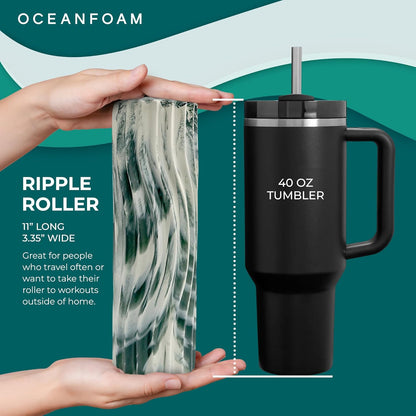 Oceanfoam Ripple Travel Foam Roller (11" x 3.35") Firm Mini Foam Roller for Physical Therapy, Deep Tissue Massage, Back Pain - High Density, Ergonomic Wave Textured - Yoga, Pilates, Exercise (Natural) - Colors A