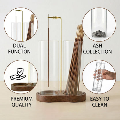 Incense Holder,Wooden Incense Holder for Sticks with 20 Incense Sticks, Anti-ash Incense Burner with Glass Ash Catcher for Meditation Yoga Spa Gift Home Decor