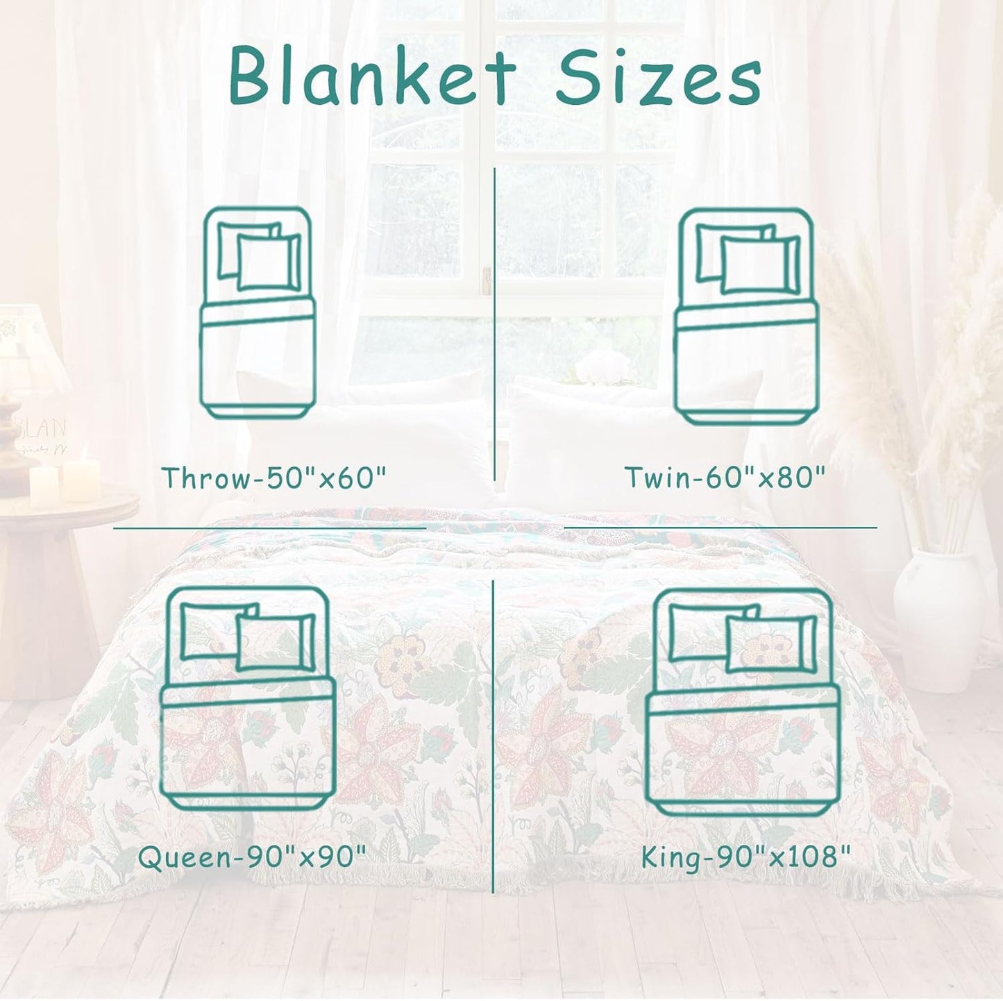 Boho Throw Blanket - 100% Cotton Soft Summer Throw Blanket for Bed, 50"x60" Reversible Breathable Lightweight Blankets, All Seasons Farmhouse Decor Floral Plant Butterfly Throw Quilt