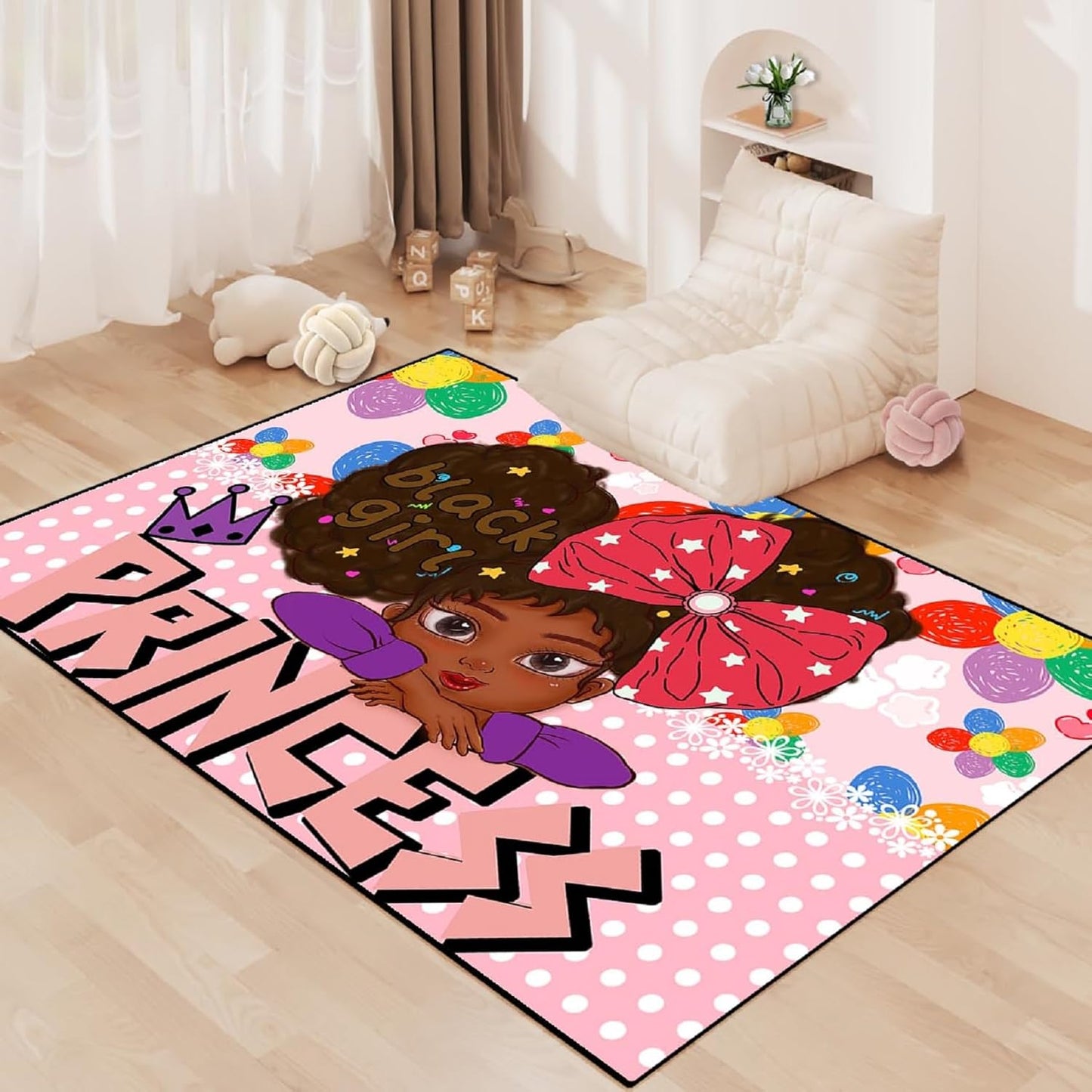 Black Girl Area Rug for Bedroom African American Rugs for Room Princess Carpet Kids Rugs for Bedroom African Girls Carpet for Living Room Teen Girls Yoga Mats, Pink, 4'×5'