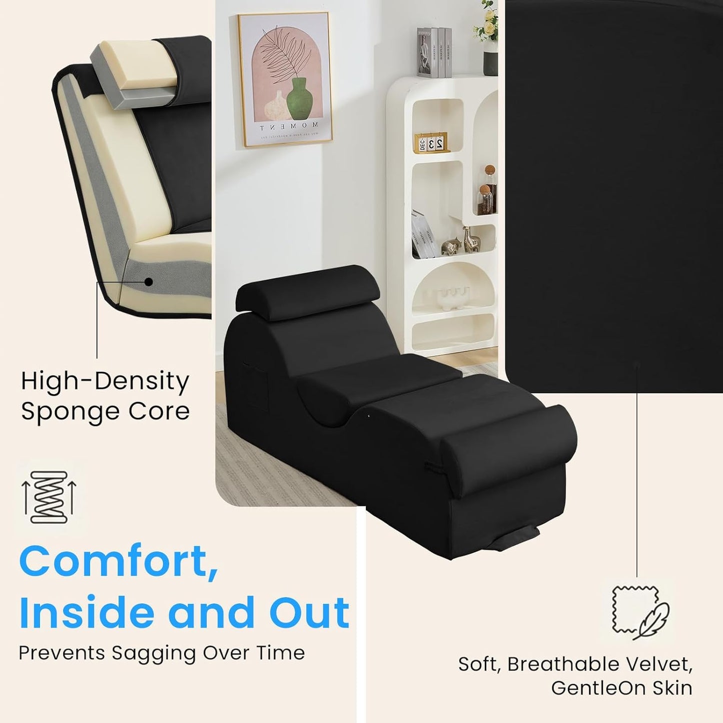 ijuicy 25 Inch Home Stretch Yoga Chair, Velvet Fitness Yoga Chaise Lounge Chair Indoor, Yoga Training Reliner with Adjustable Footrest & Headrest, Light Grey