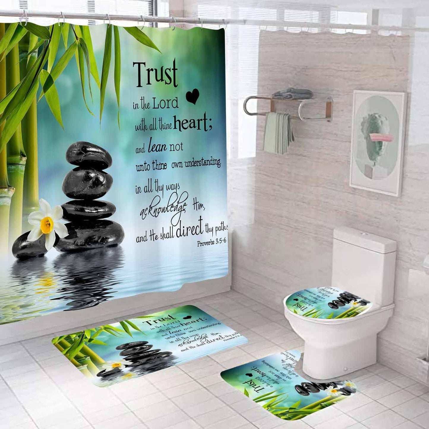 4PCS Spa Zen Shower Curtain Sets with Rugs, White Shower Curtain, Pink Floral Orchid Lotus Water Lily Stone Bamboo Water Reflection Yoga Massage Relaxing Spiritual Meditation Bathroom Decor