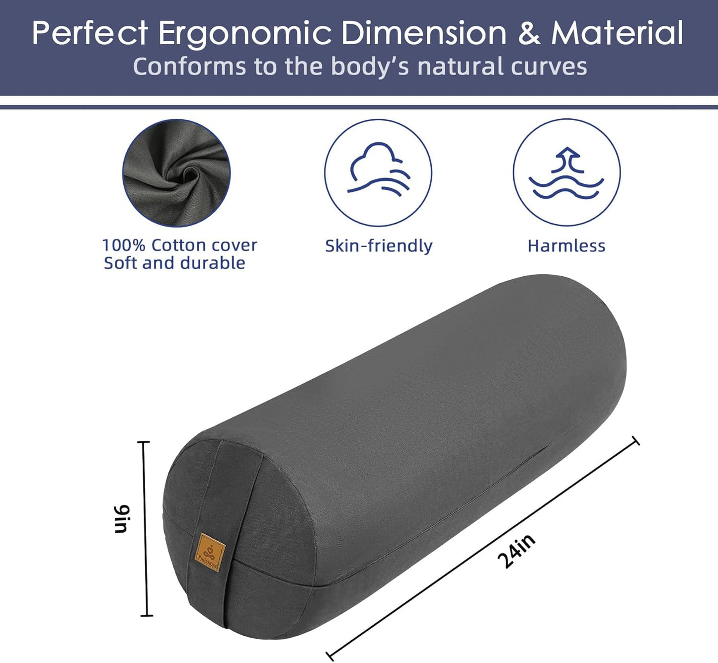 Organic Buckwheat Bolster (24x9 in) Supportive Yoga Cushion for Restorative Yoga Accessories, Meditation, Reading, Floor Pillow - Large Round Cylinder (Black)