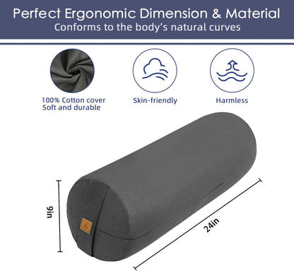 Organic Buckwheat Bolster (24x9 in) Supportive Yoga Cushion for Restorative Yoga Accessories, Meditation, Reading, Floor Pillow - Large Round Cylinder (Black)
