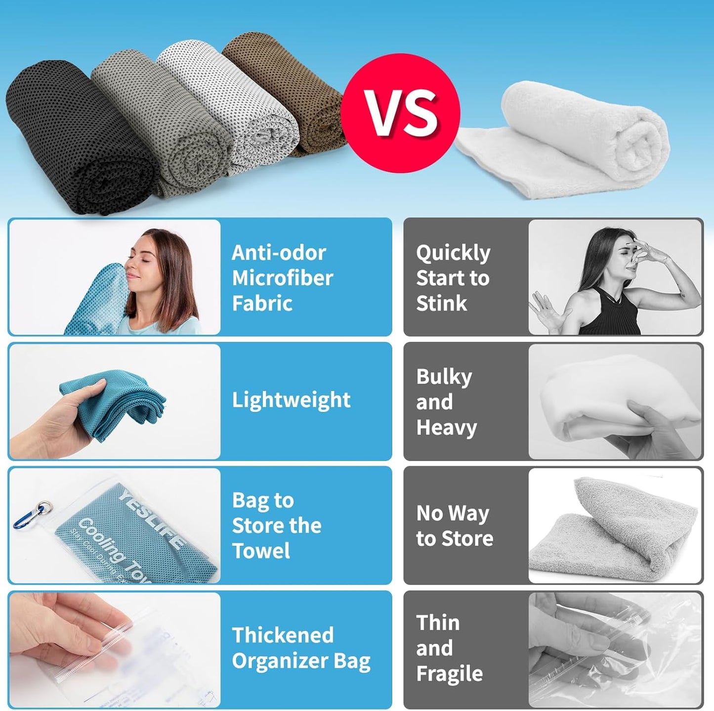 YESLIFE 4 Pack Cooling Towels 40"x12", Gym Towels for Men and Women, Soft Breathable Workout Towels for Yoga, Running, Sport, Workout, Camping, Fitness & More (Blue, Grey, Green, Pink)