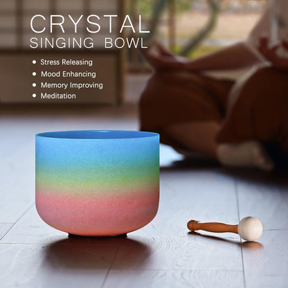 CVNC 440HZ 8 Inch Rainbow Colored A Note Third-Eye Chakra Frosted Quartz Crystal Singing Bowl for Sound Healing and Meditation