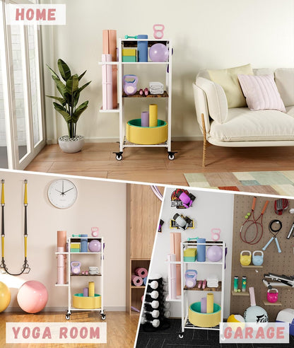 Yoga Mat Storage Rack with Wheels, 3 Tier Home Gym Workout Equipment Organizer for Dumbbells, Kettlebells, Foam Rollers