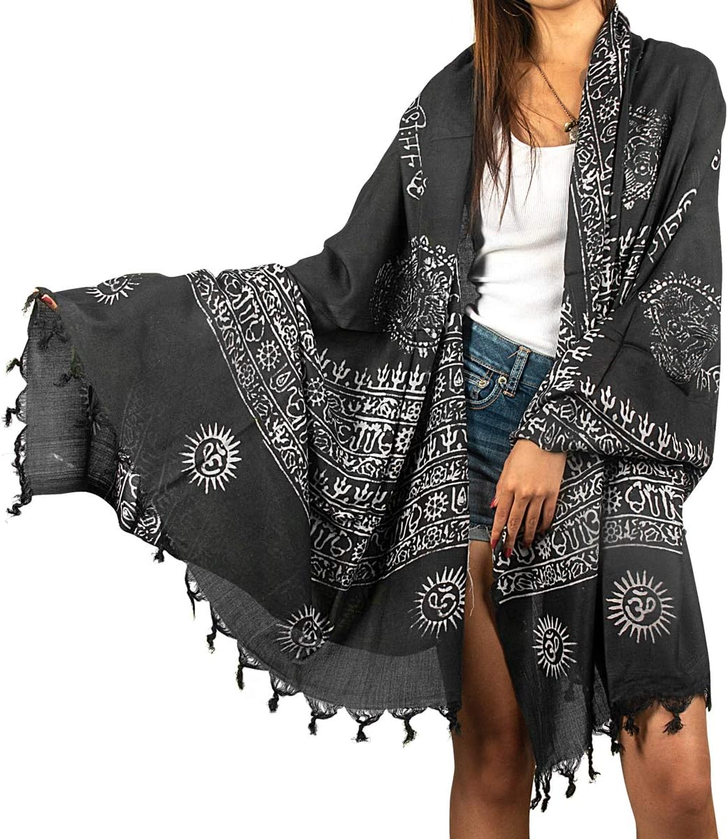 Tribe Azure Fair Trade Large Scarf Wrap Yoga Soft Cotton Mix Hand Printed Boho Bohemian White Black Yellow
