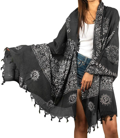 Tribe Azure Fair Trade Large Scarf Wrap Yoga Soft Cotton Mix Hand Printed Boho Bohemian White Black Yellow