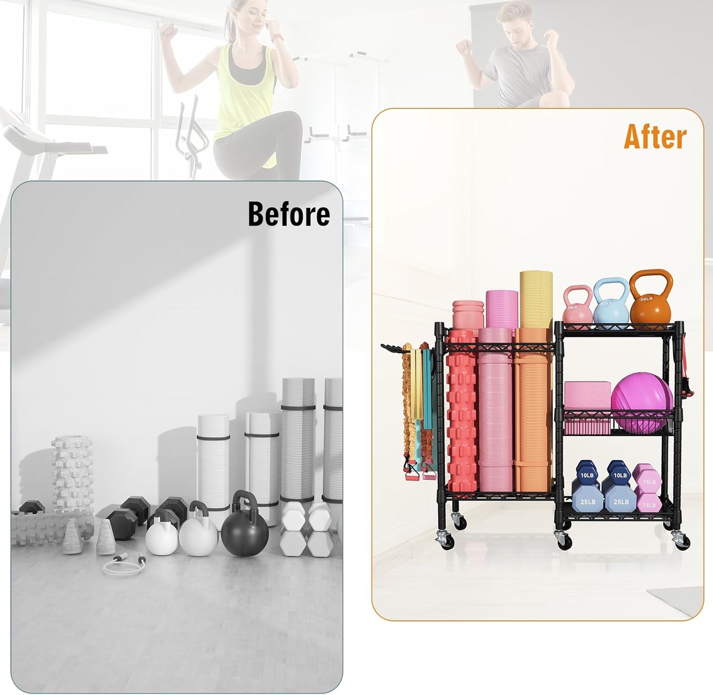FUTASSI Home Gym Storage, 3 Tiers Workout Equipment Organizer with Wheels for Yoga Mats, Foam Roller, Dumbbells, Kettlebells, and Resistance Bands