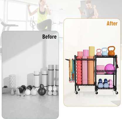 FUTASSI Home Gym Storage, 3 Tiers Workout Equipment Organizer with Wheels for Yoga Mats, Foam Roller, Dumbbells, Kettlebells, and Resistance Bands