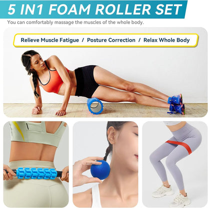 Krightlink 5-in-1 Foam Roller Set - Deep Tissue Muscle Recovery Kit with High Density Exercise Roller, Massage Ball, Resistance Band & Carry Bag for Physical Therapy & Pain Relief (Black)