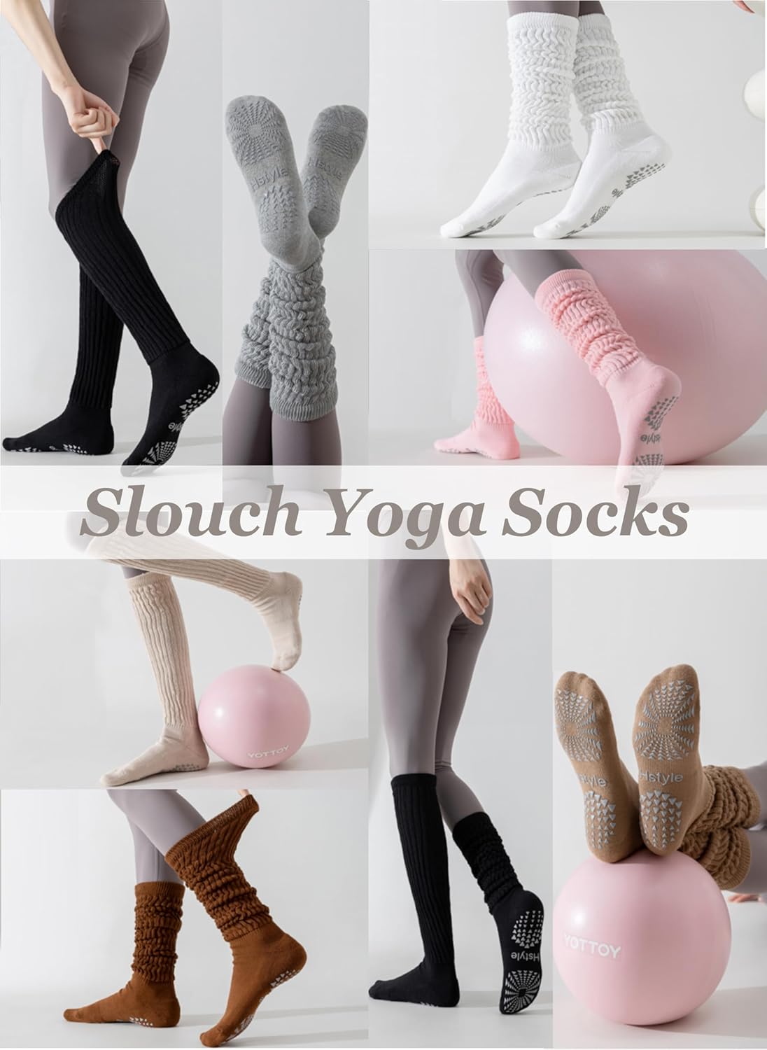 Hstyle Grip Pilates Socks for Women, Slouch Scrunch Yoga Barre Socks for Hospital Workout